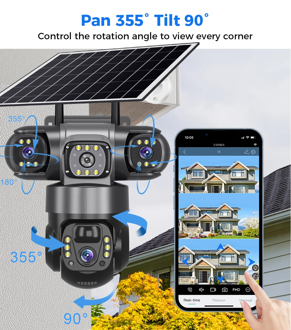 Caméra solaire V380 Pro à 3 objectifs et 3 écrans Caméra